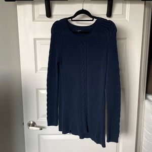 Navy blue, cable knit, rope sweater . Beautiful for fall days over boots.